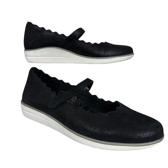 Aetrex Black Leather Scalloped Mary‎ Jane Flats Slip On Comfort Shoes Size 8.5 - Picture 2 of 9